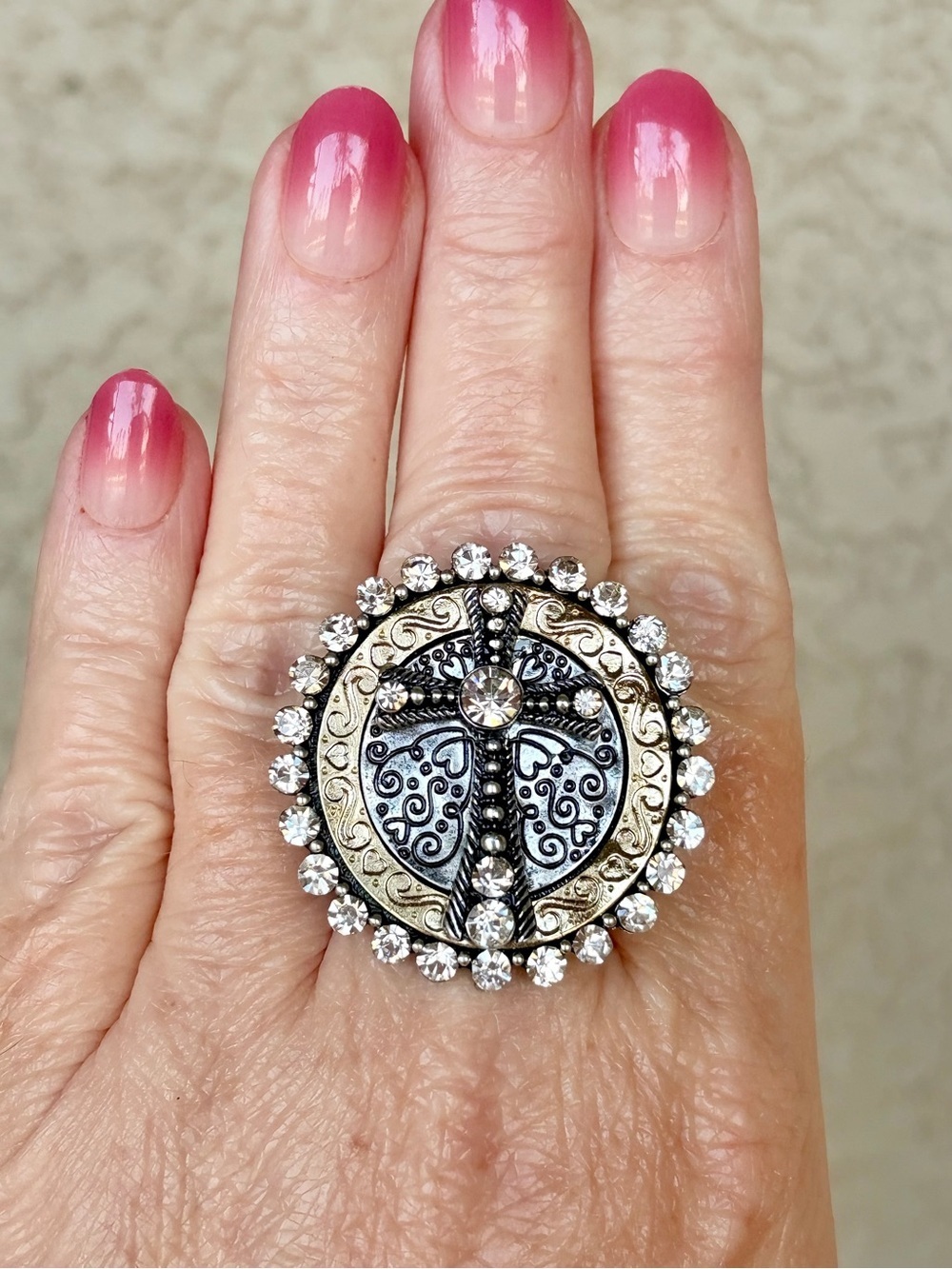 Two-Tone Filigree Cross Statement Ring with Clear Crystals